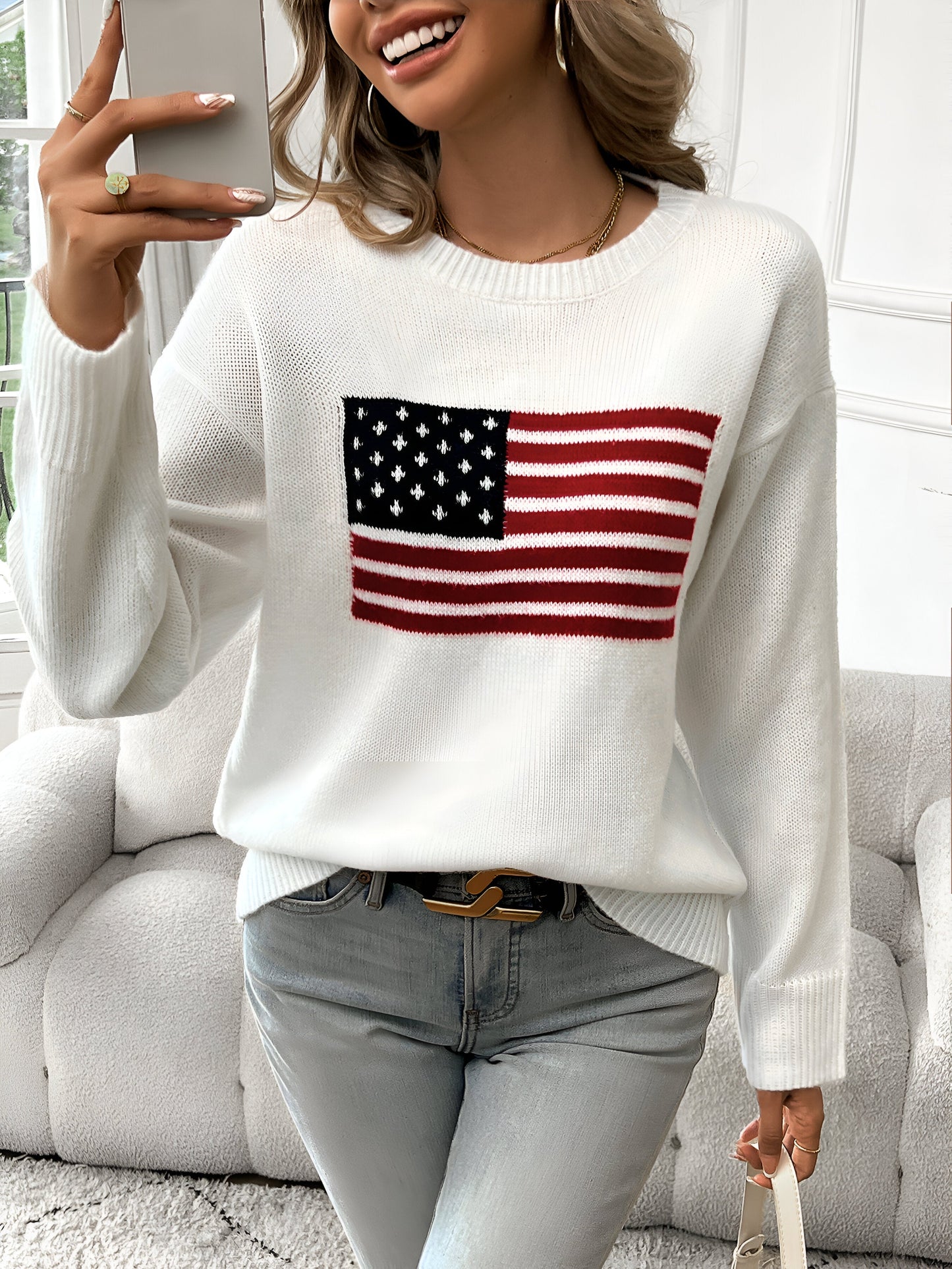 Flagstone Vogue™ | American Flag Round Neck Sweater | Soft Knit, Casual Fit & Durable Fabric