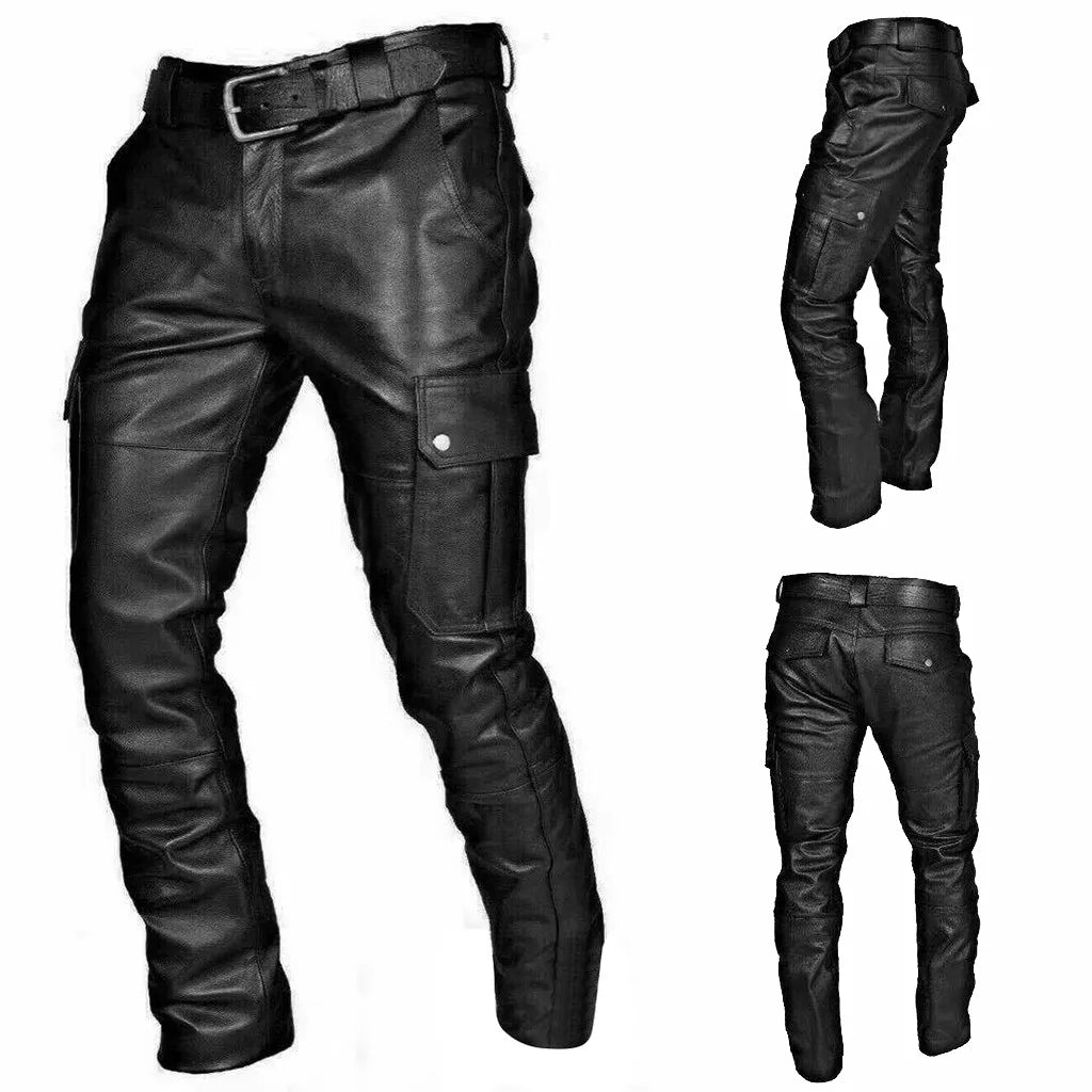 Biker Edge™ | Men's Faux Leather Motorcycle Pants | Cargo Pockets, Durable Design & Comfortable Fit