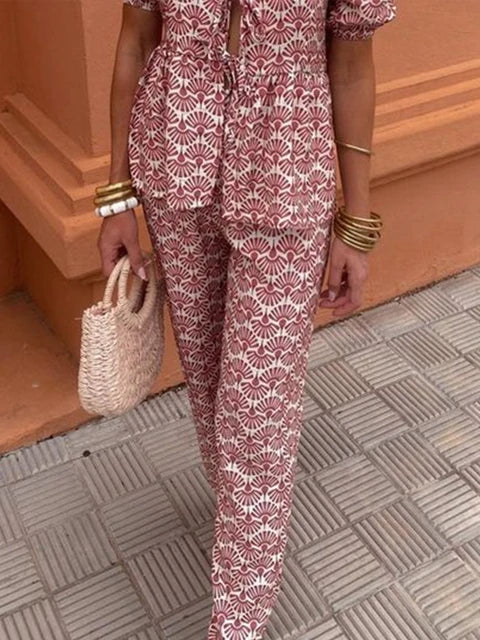 Linen Aura™ | Women's Two-Piece Linen Set | Puff Sleeve Tie-Front Top & High-Waist Wide-Leg Pants
