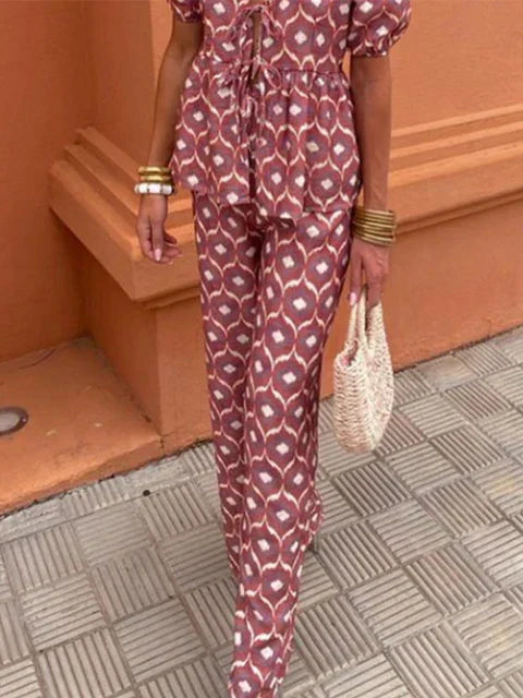 Linen Aura™ | Women's Two-Piece Linen Set | Puff Sleeve Tie-Front Top & High-Waist Wide-Leg Pants