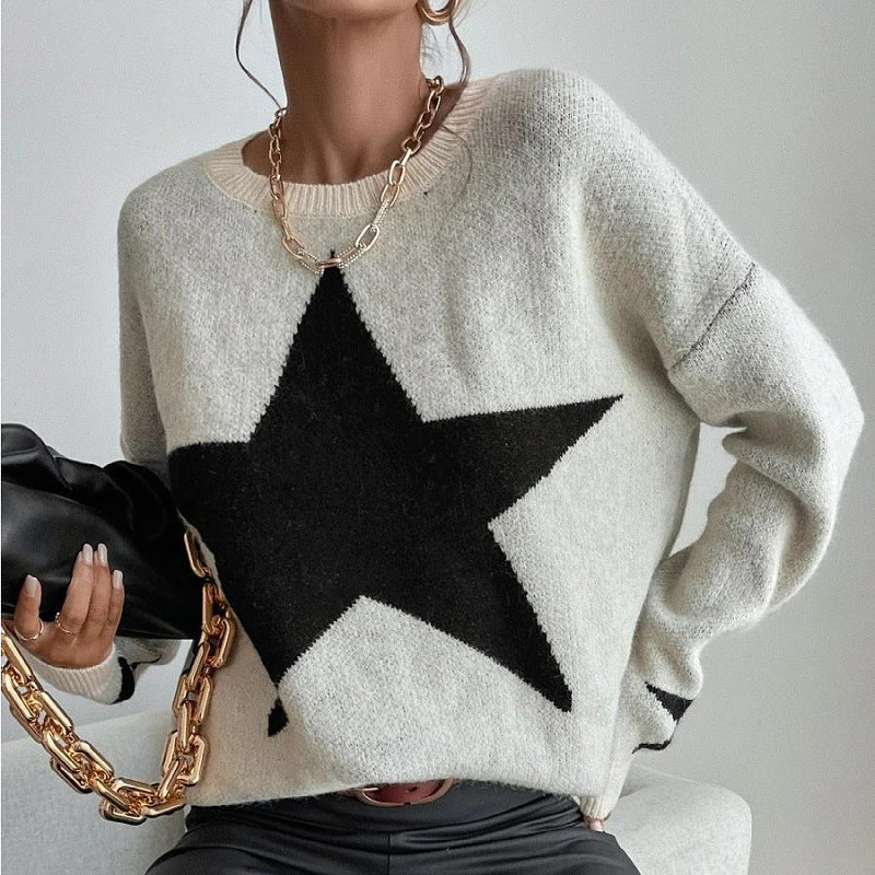 Starry Knit™ | Women's Long Sleeve Crewneck Pullover Sweater | Soft Knit Fabric, Star Print Design, Cozy Fit
