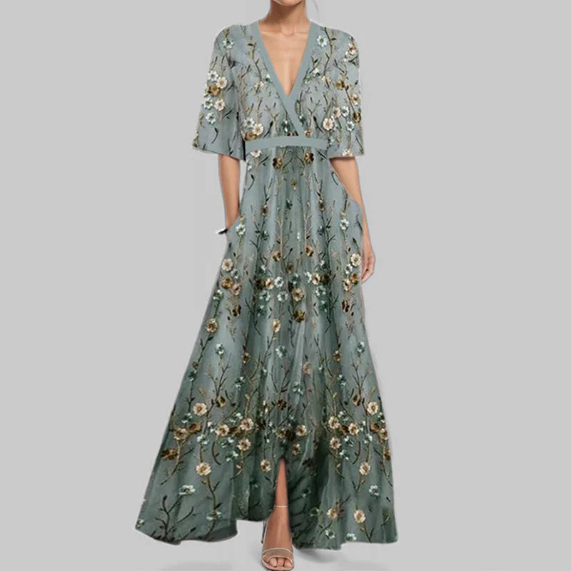 Flare Belle™ | Women's V-Neck Printed Maxi Dress | Tie Waist, Flared Design, Lightweight Fabric