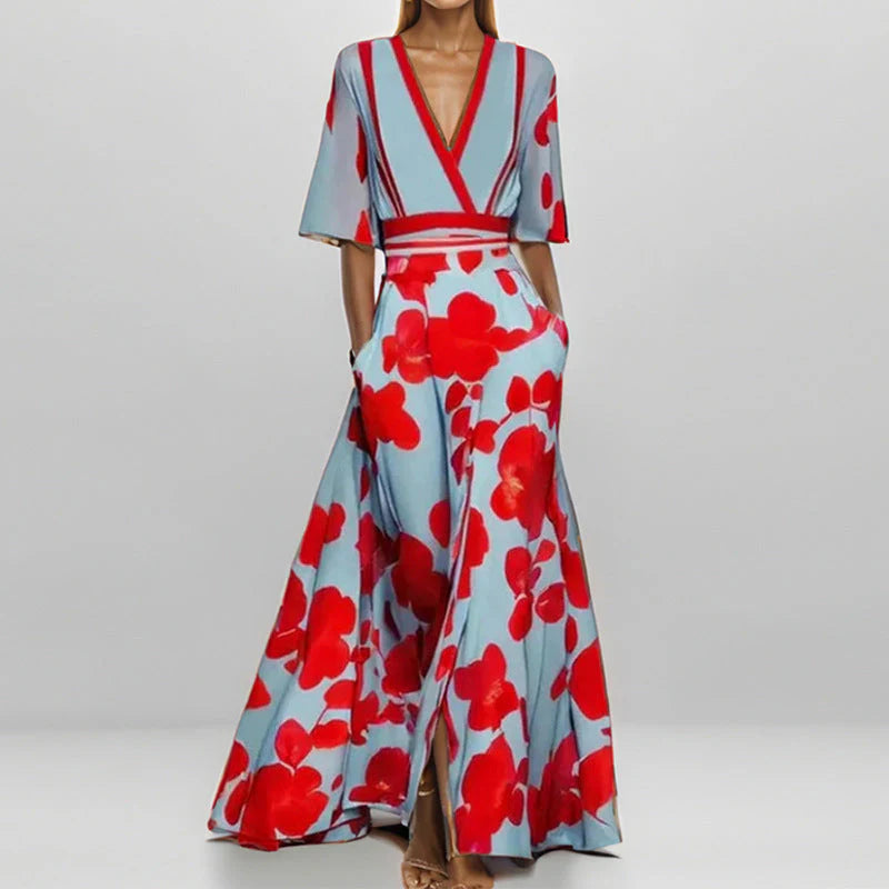 Flare Belle™ | Women's V-Neck Printed Maxi Dress | Tie Waist, Flared Design, Lightweight Fabric