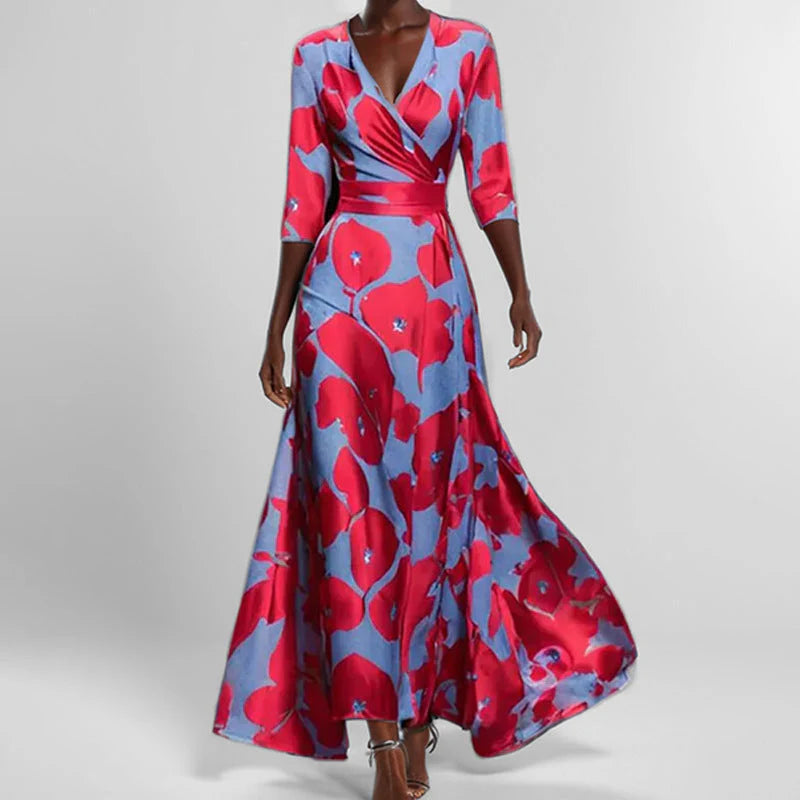 Flare Belle™ | Women's V-Neck Printed Maxi Dress | Tie Waist, Flared Design, Lightweight Fabric