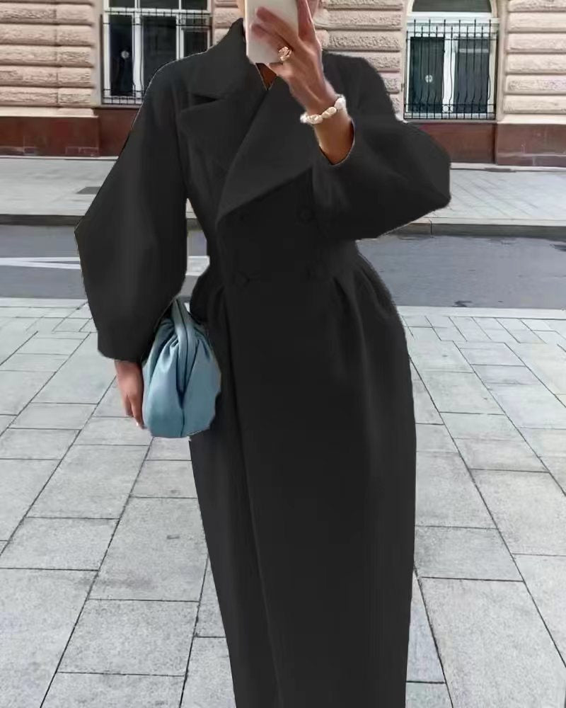 Luxe Aura™ | Women's Lantern Sleeve Long Coat | Stylish Design, Collared Neck, Lightweight Fabric