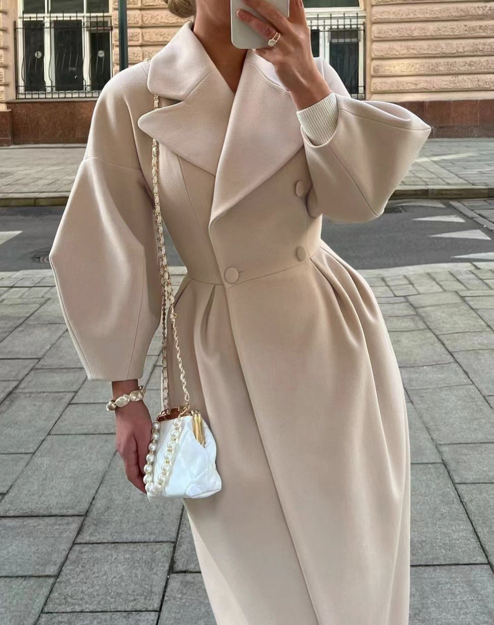 Luxe Aura™ | Women's Lantern Sleeve Long Coat | Stylish Design, Collared Neck, Lightweight Fabric