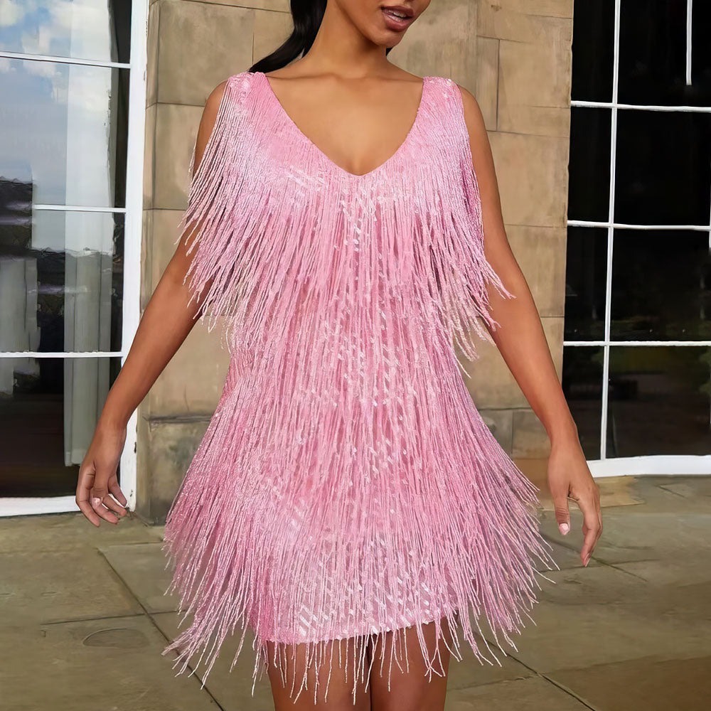 GatsbyGlam™ | Women's 1920s Flapper Dress | Sleeveless V-Neck, Fringe Detailing & Evening Wear Style