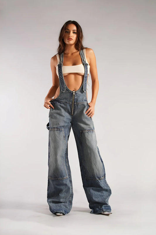 Overalls Luxe™ | Women's Sexy Plunge Denim Overalls | Distressed Design, Adjustable Straps, and Trendy Fit
