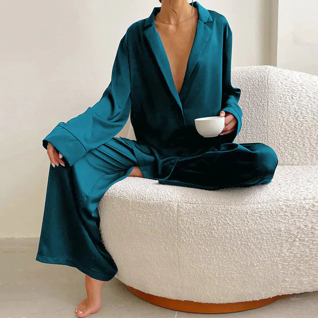Lounge Bella™ | Women's Lounge Set | Button-Up Shirt & Wide-Leg Pants, Soft Notched Collar, Relaxed Fit