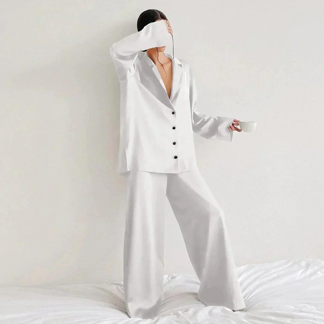 Lounge Bella™ | Women's Lounge Set | Button-Up Shirt & Wide-Leg Pants, Soft Notched Collar, Relaxed Fit