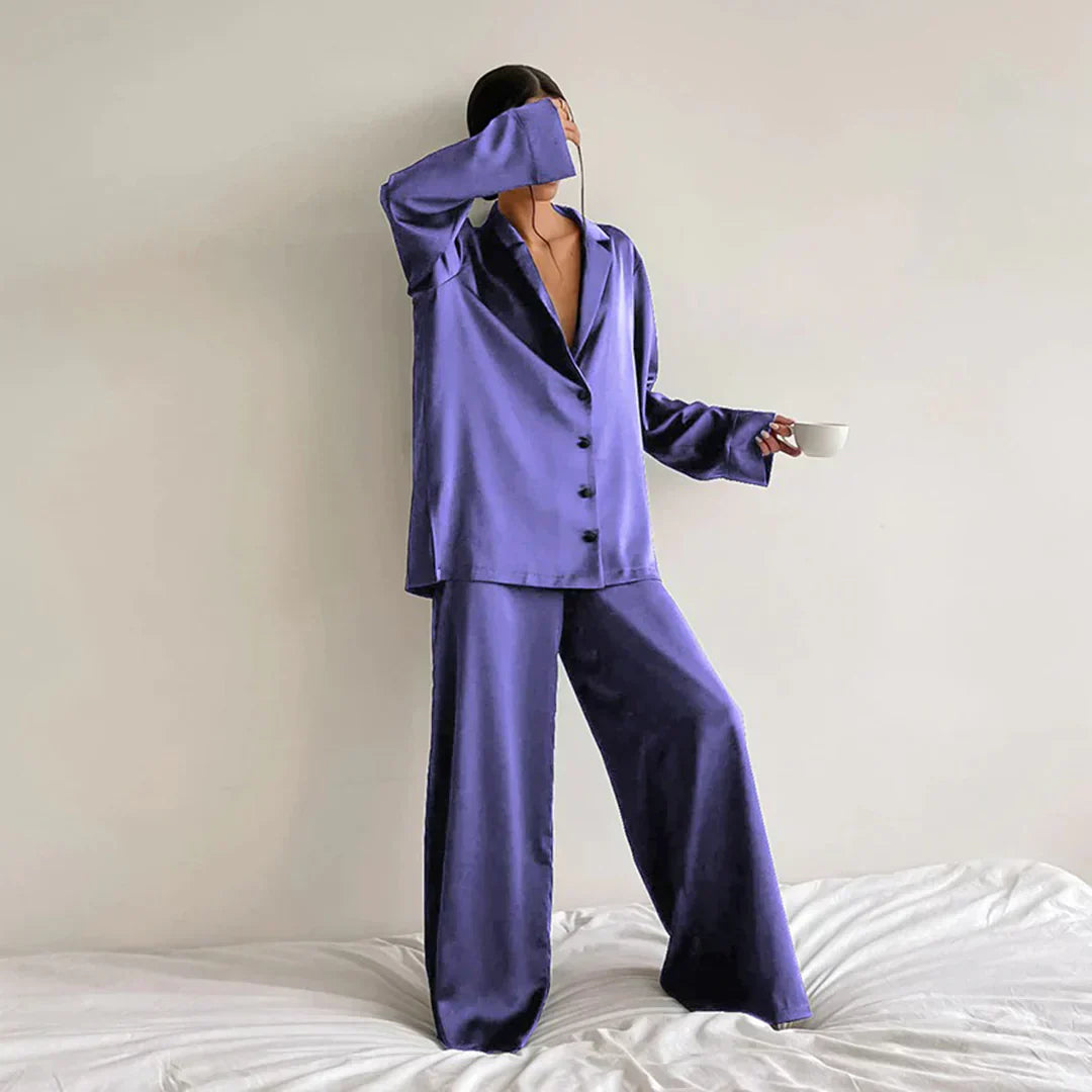 Lounge Bella™ | Women's Lounge Set | Button-Up Shirt & Wide-Leg Pants, Soft Notched Collar, Relaxed Fit