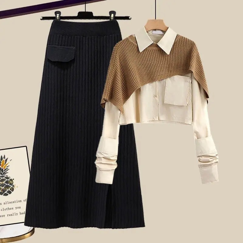 Knit Aline™ | Women's Knit Maxi Skirt Set | Ribbed A-Line Skirt, Layered Shirt & Knit Overlay