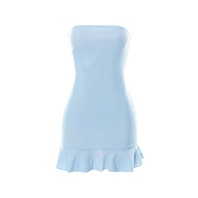 Satin Breeze™ | Women's Strapless Mini Dress | Soft Pleated Design, Light Blue Color, Perfect for Casual Outings