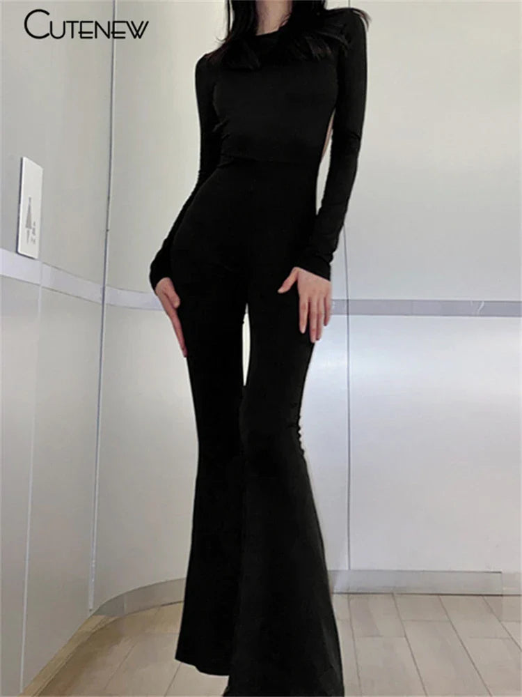 Bodycon Noir™ | Women's Backless Wide Leg Jumpsuit | Solid Black, Long Sleeve, Casual Autumn Style
