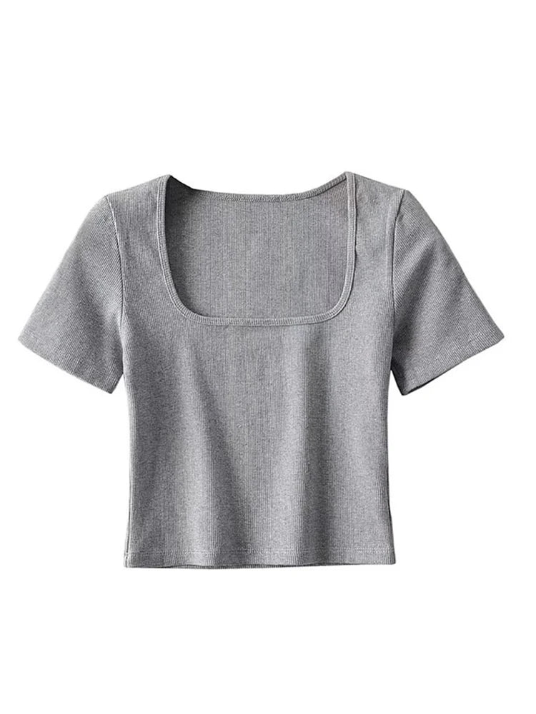 Ribbed Aura™ | Women's Square Neck Crop T-Shirt | Soft Cotton, Short Sleeve, Stylish Ribbed Design