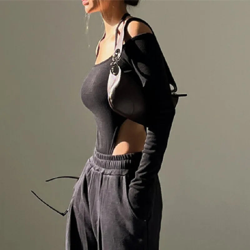 Bodysuit Aesthetic™ | Women's Off-Shoulder Halter Bodysuit | Long Sleeve, Slim Fit, Spaghetti Straps for Party & Clubwear
