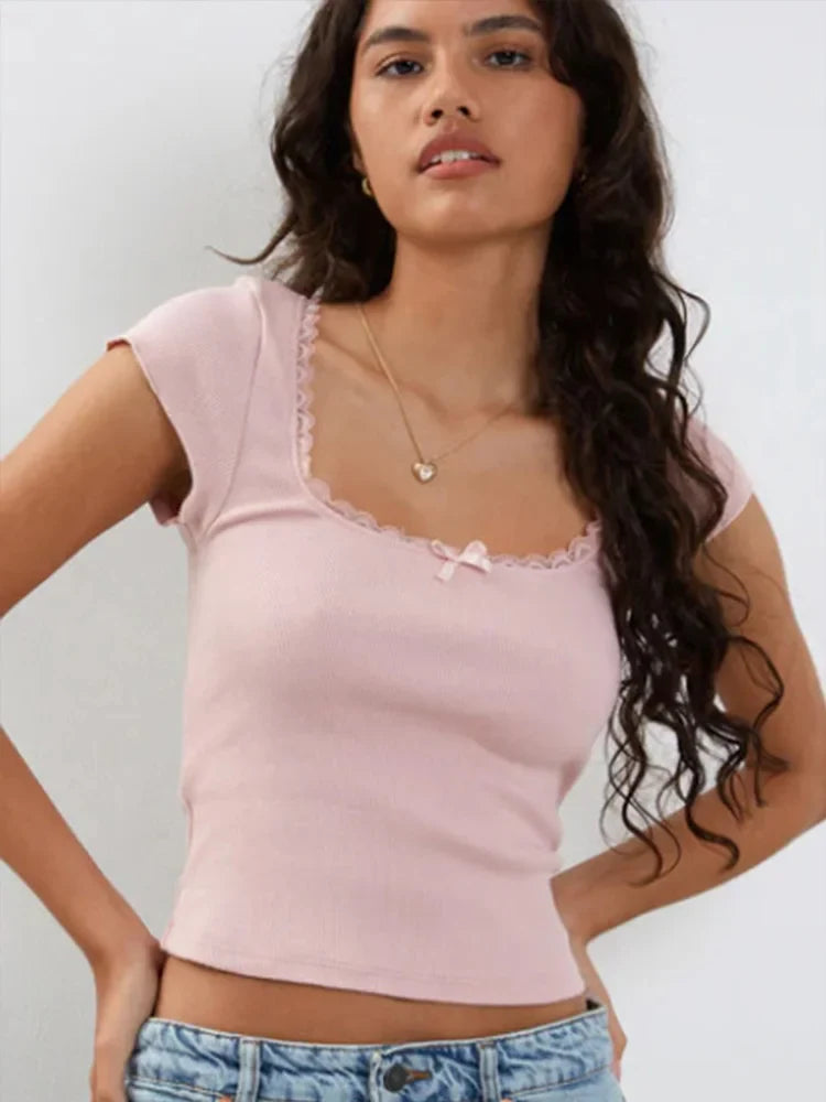 Cottage Lace™ | Women's Vintage Baby Tee | Knitted Cotton, Square Neck, Short Sleeve, Milkmaid Crop Top