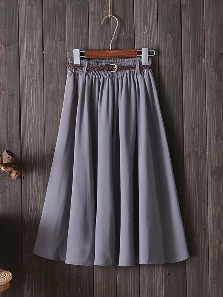 Korean Belle™ | Women's Midi A-Line Skirt | High Waist, Pleated Design, Belt Included for Summer Style