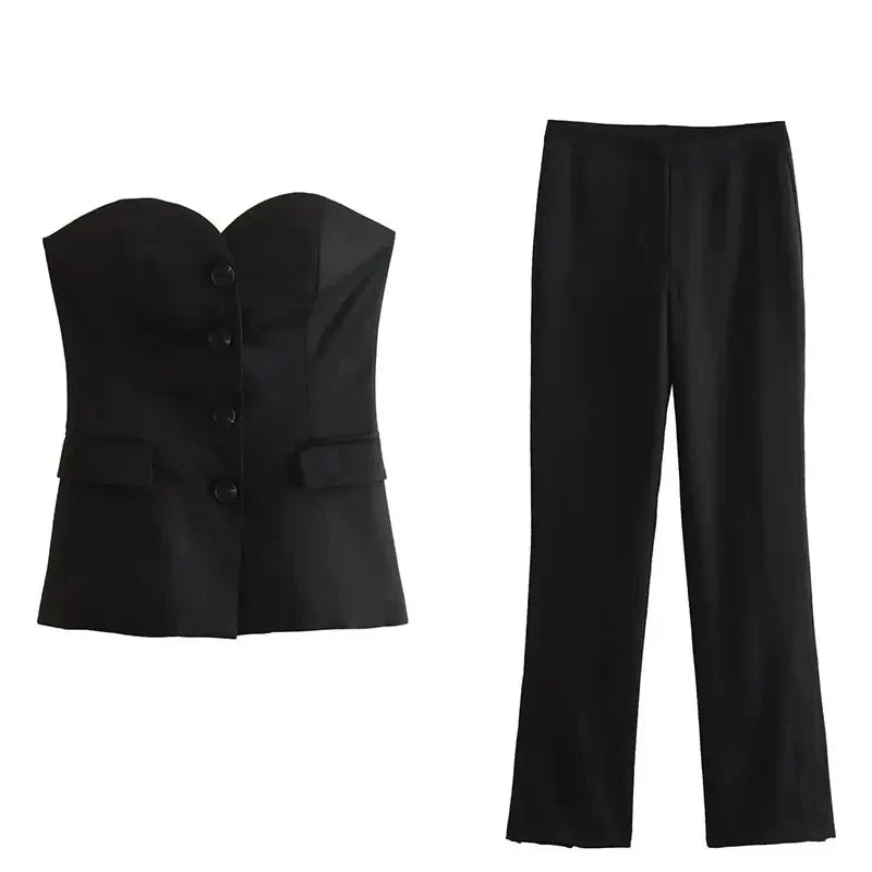Glind™ | Women's Solid Pant Suit Set | Strapless Tank Top & Side Slit Trouser, Stylish Streetwear Ensemble