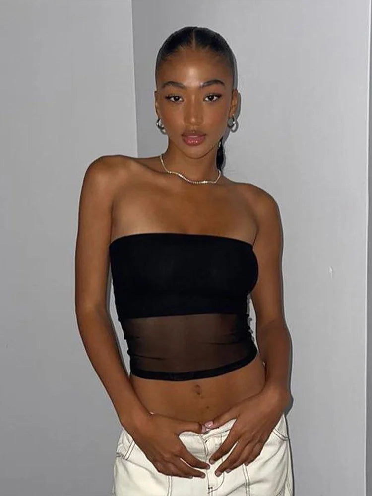 Corset Noir™ | Women's Mesh Crop Top | Patchwork Design, Off-Shoulder, Sleeveless Summer Streetwear