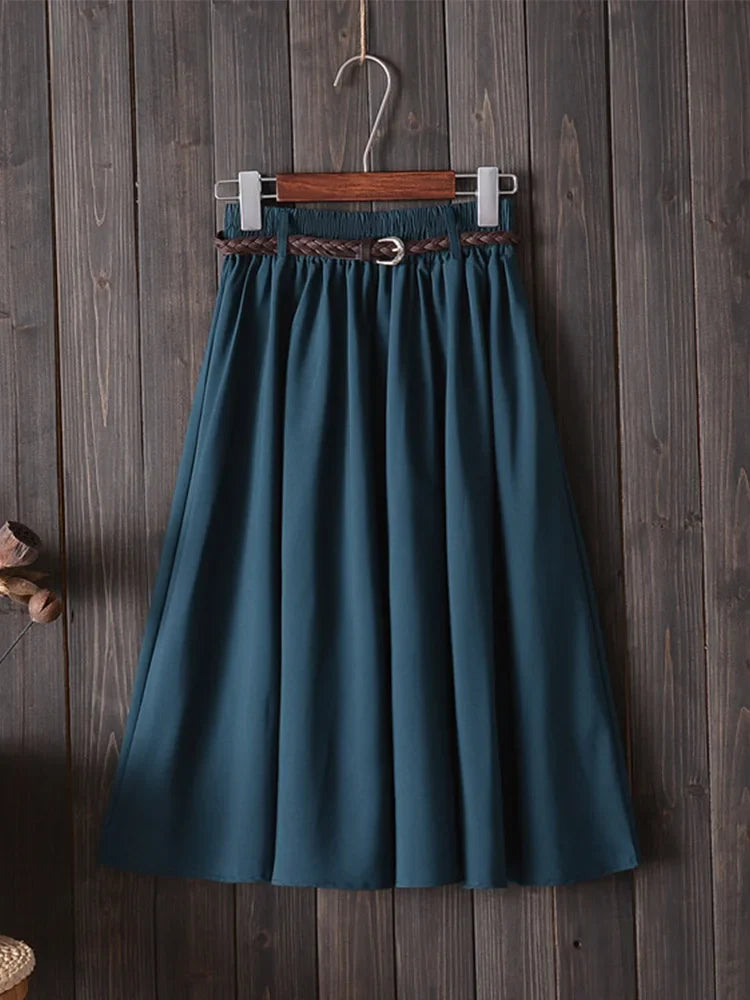 Korean Belle™ | Women's Midi A-Line Skirt | High Waist, Pleated Design, Belt Included for Summer Style