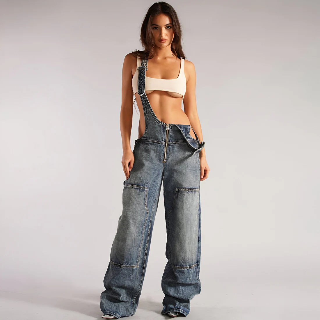 Overalls Luxe™ | Women's Sexy Plunge Denim Overalls | Distressed Design, Adjustable Straps, and Trendy Fit