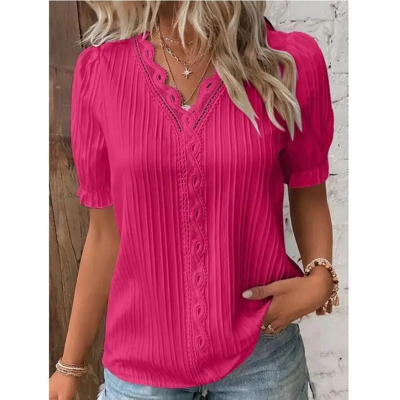 Violet Lace™ | Women's Plus Size Blouse | Short Sleeve, V-Neck, Solid White Lace Trim, Casual Fit