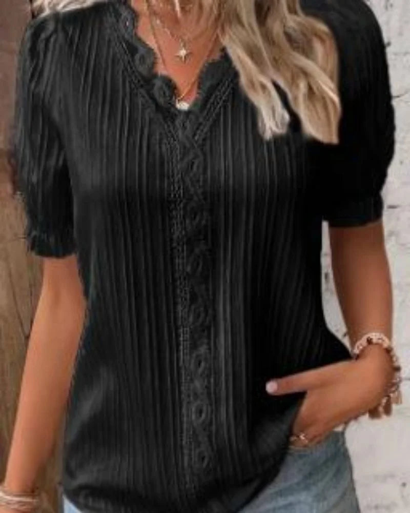 Violet Lace™ | Women's Plus Size Blouse | Short Sleeve, V-Neck, Solid White Lace Trim, Casual Fit