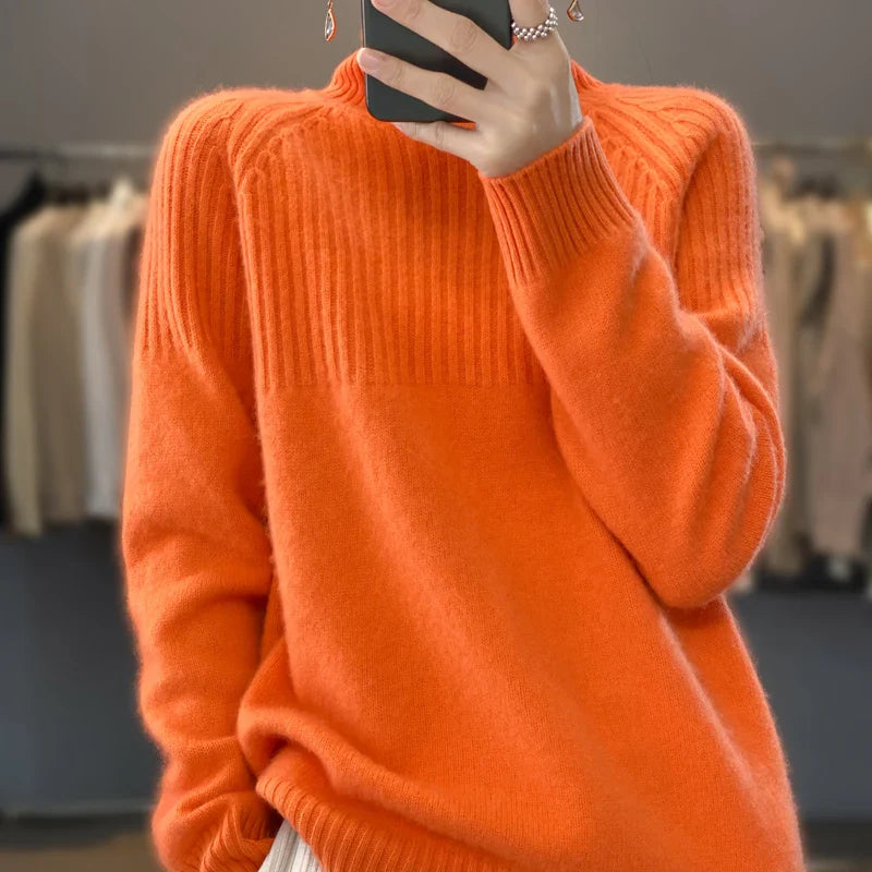Soft Cashmere Funnel Neck Jumper - Trendy Knitwear for Women in Orange & Stylish Shades
