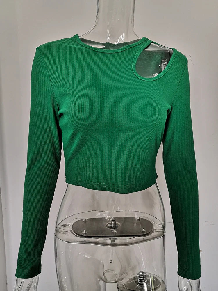 Knit Aura™ | Women's Ribbed Long Sleeve Crop Top | Green & White, Cut-Out Design, Casual Knit Tee