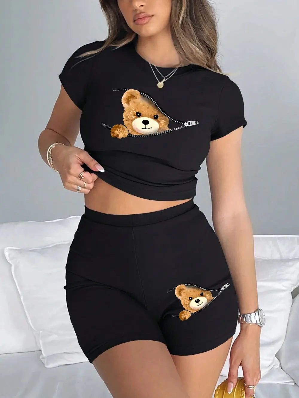 Teddy Zipper™ | Women's Slim Crop T-Shirt & Shorts Set | High Elastic, Soft Fabric, Sporty Design