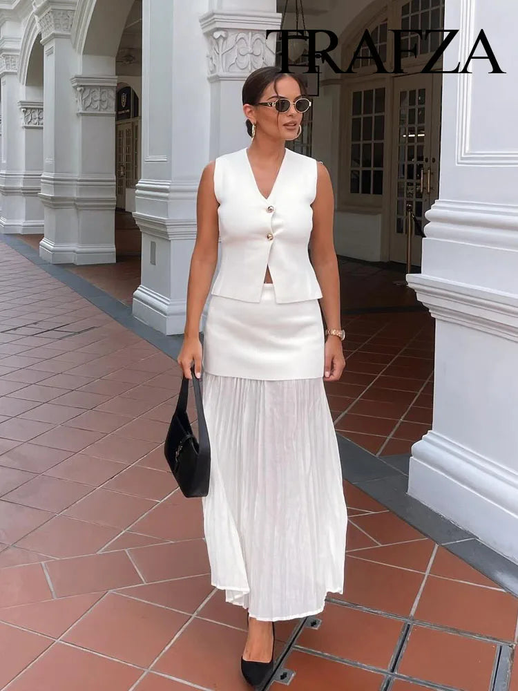 Vesta Luxe™ | Women's 2-Piece Set | Knitted V-Neck Vest Top & High Waist Ankle-Length Skirt with Side Zipper