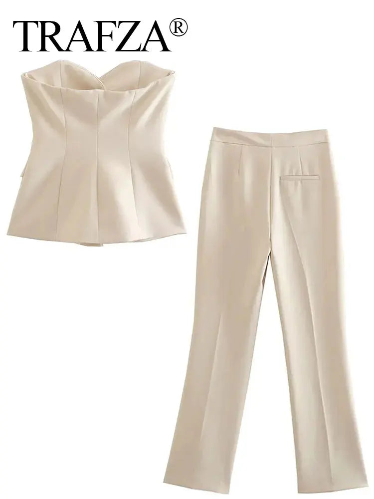 Glind™ | Women's Solid Pant Suit Set | Strapless Tank Top & Side Slit Trouser, Stylish Streetwear Ensemble