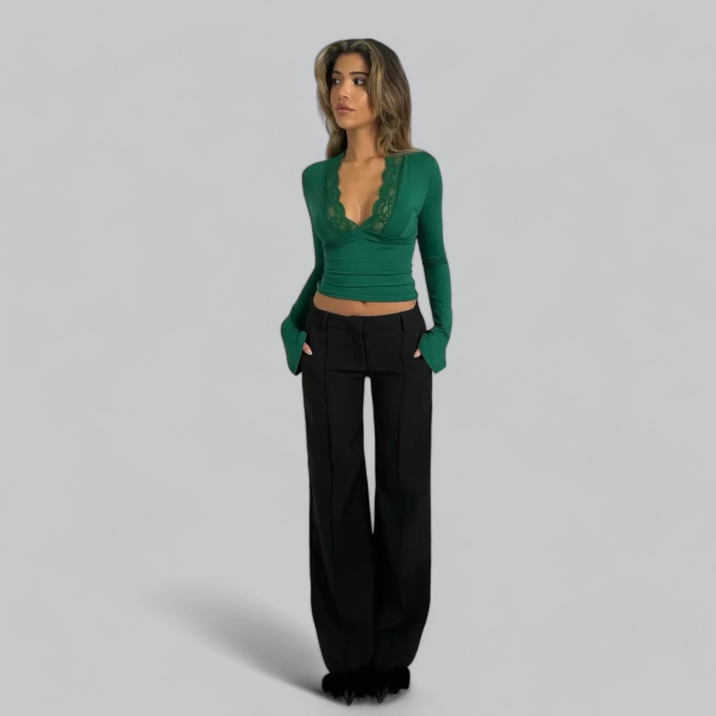Low-Cut V-Neck Flare Lace Long Sleeve Shirt | Women's Fashion Top, Lightweight, Stylish Design for Everyday Wear