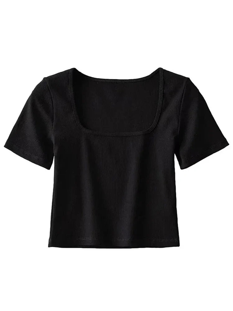 Ribbed Aura™ | Women's Square Neck Crop T-Shirt | Soft Cotton, Short Sleeve, Stylish Ribbed Design
