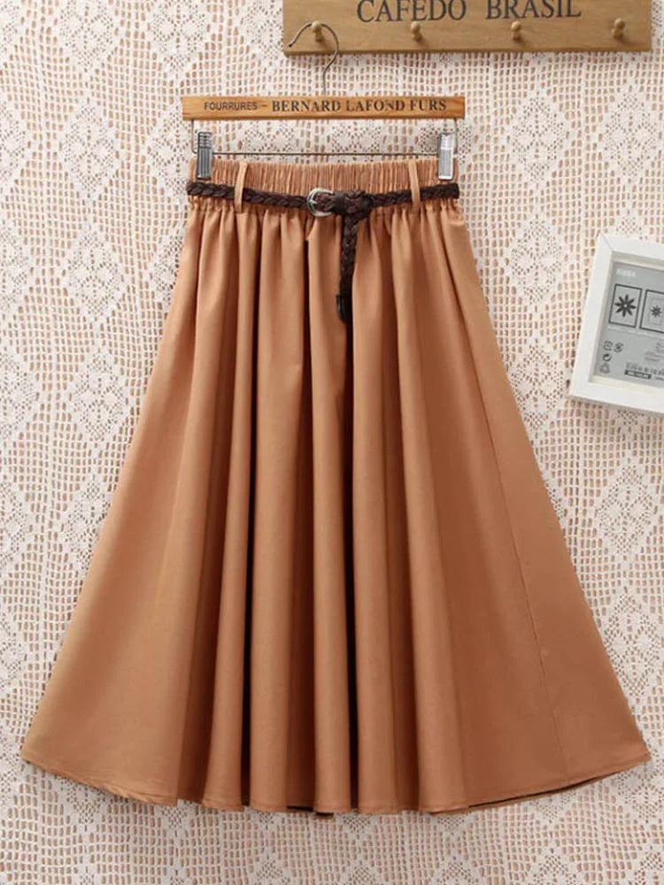 Korean Belle™ | Women's Midi A-Line Skirt | High Waist, Pleated Design, Belt Included for Summer Style