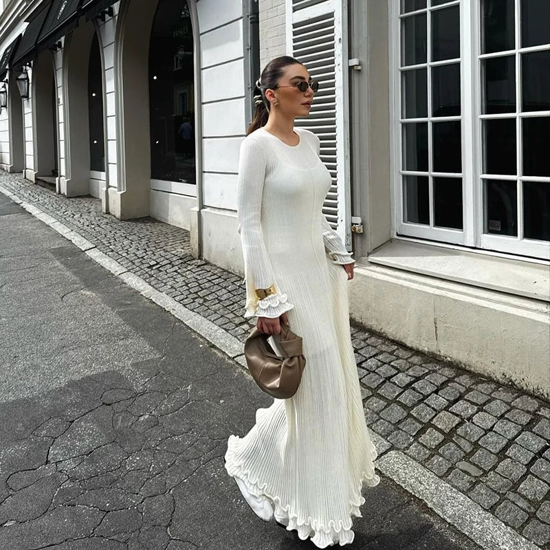 Ruffle Belle™ | Women's Pleated Long Dress | White, O-Neck, Flare Design for Autumn & Winter Fashion