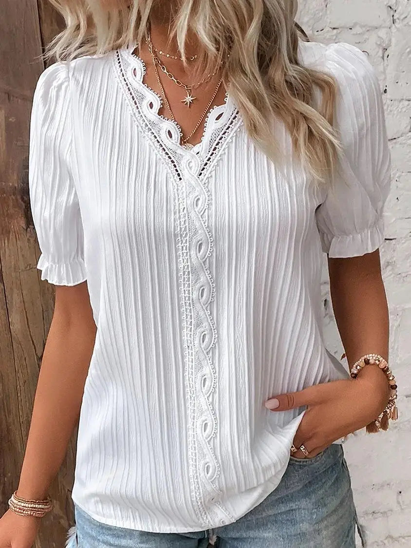 Violet Lace™ | Women's Plus Size Blouse | Short Sleeve, V-Neck, Solid White Lace Trim, Casual Fit