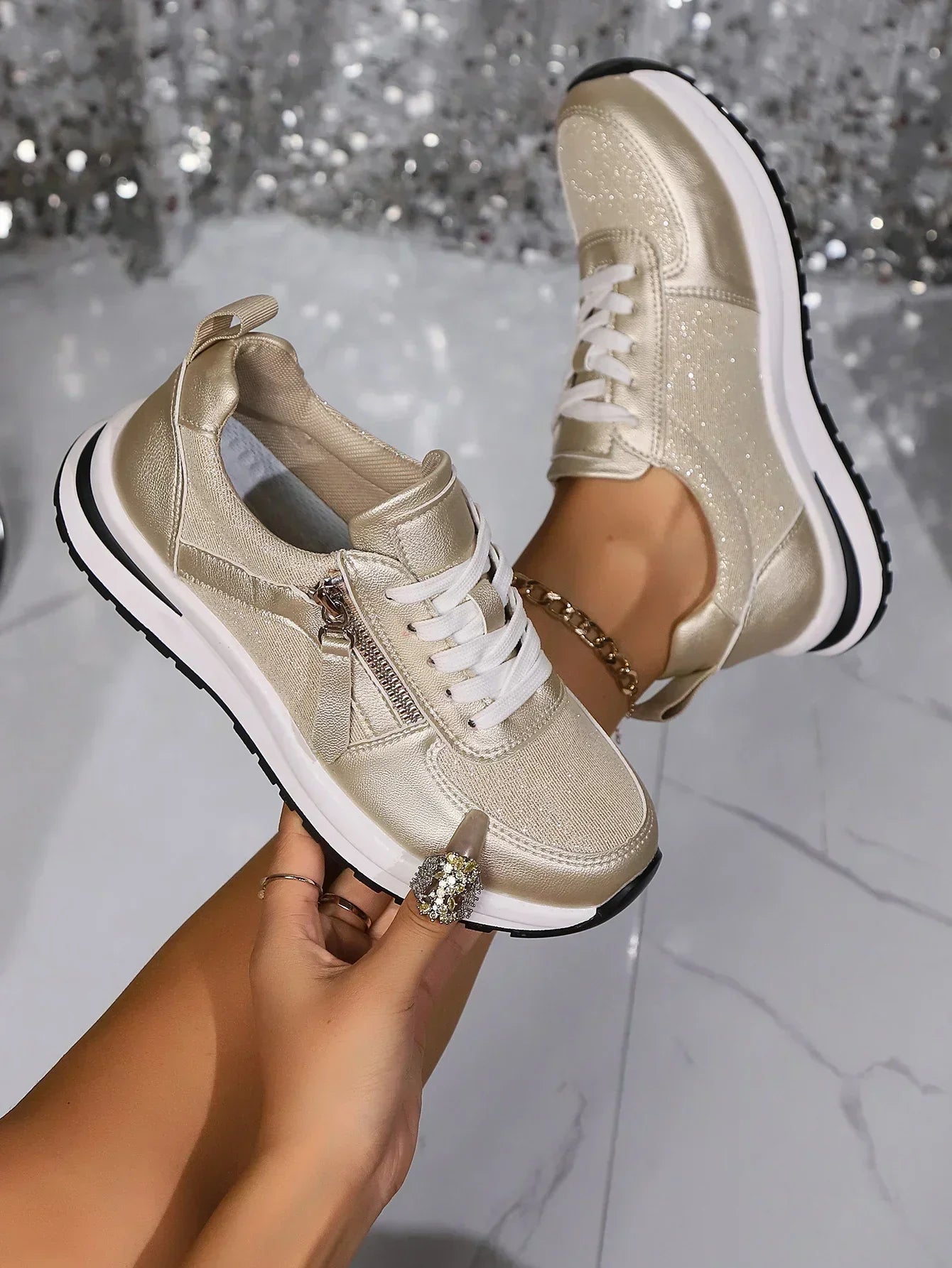 Ladies' Silver Trainers - Comfortable Sneakers with Zip Detail for Women