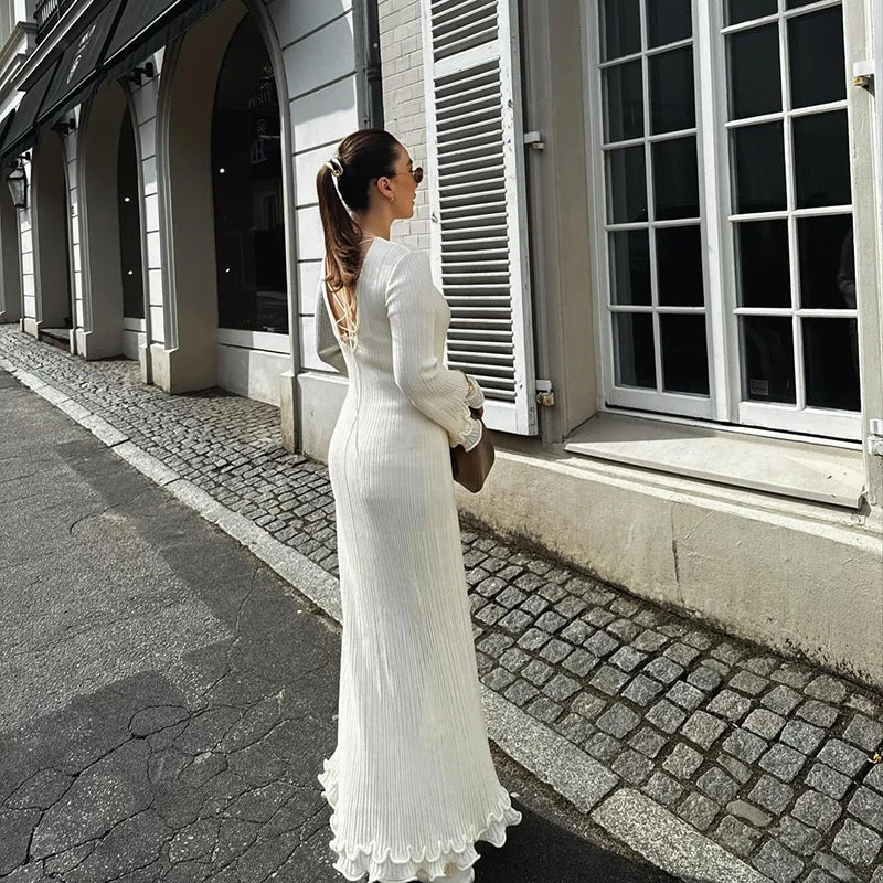 Ruffle Belle™ | Women's Pleated Long Dress | White, O-Neck, Flare Design for Autumn & Winter Fashion