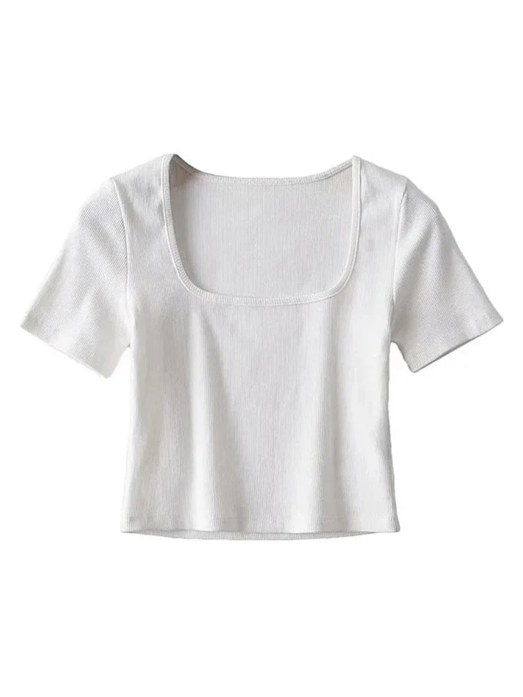 Ribbed Aura™ | Women's Square Neck Crop T-Shirt | Soft Cotton, Short Sleeve, Stylish Ribbed Design