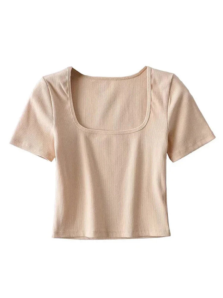 Ribbed Aura™ | Women's Square Neck Crop T-Shirt | Soft Cotton, Short Sleeve, Stylish Ribbed Design
