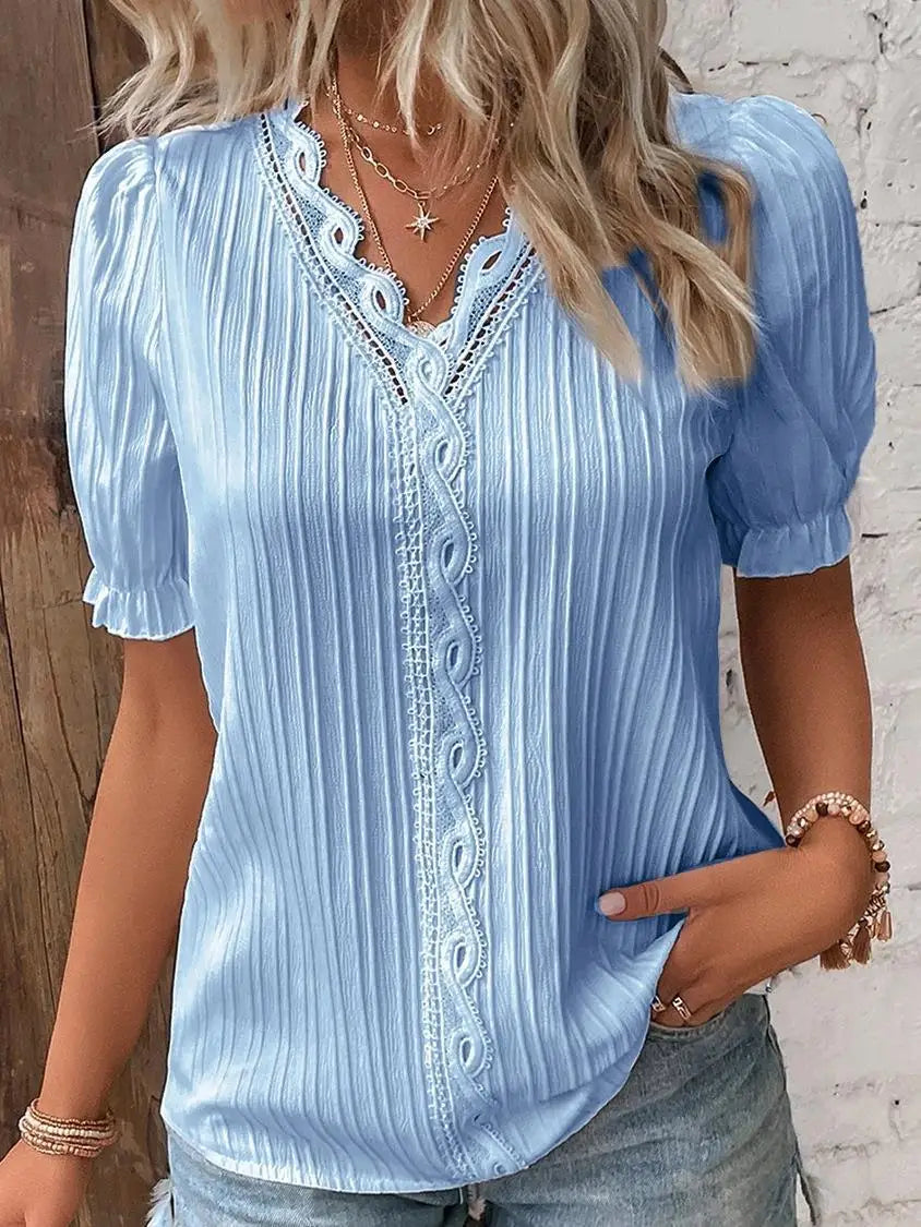 Violet Lace™ | Women's Plus Size Blouse | Short Sleeve, V-Neck, Solid White Lace Trim, Casual Fit