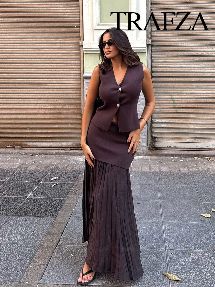 Vesta Luxe™ | Women's 2-Piece Set | Knitted V-Neck Vest Top & High Waist Ankle-Length Skirt with Side Zipper