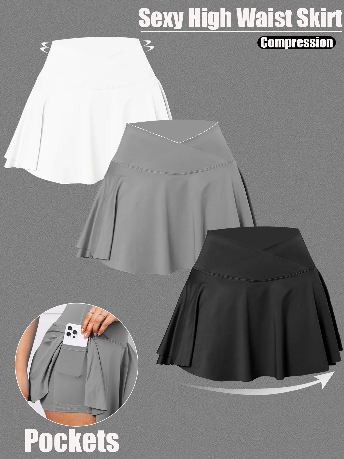 Dopamine Bliss™ | Women's Tennis Skirts | High V Waist, Pleated Design, 3-Pack with Pockets for Fitness & Outdoor Activities