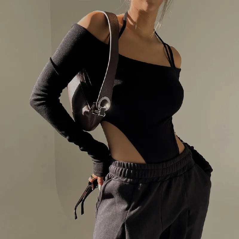 Bodysuit Aesthetic™ | Women's Off-Shoulder Halter Bodysuit | Long Sleeve, Slim Fit, Spaghetti Straps for Party & Clubwear