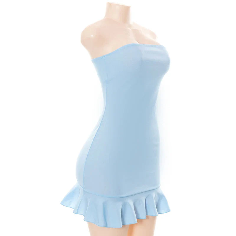 Satin Breeze™ | Women's Strapless Mini Dress | Soft Pleated Design, Light Blue Color, Perfect for Casual Outings