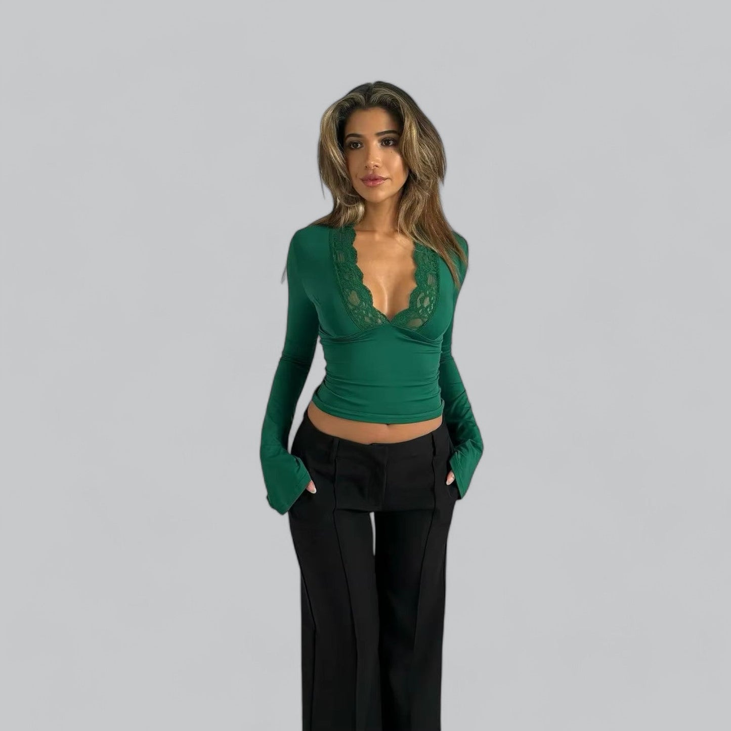 Low-Cut V-Neck Flare Lace Long Sleeve Shirt | Women's Fashion Top, Lightweight, Stylish Design for Everyday Wear
