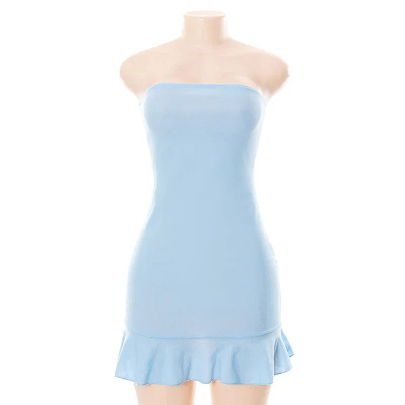 Satin Breeze™ | Women's Strapless Mini Dress | Soft Pleated Design, Light Blue Color, Perfect for Casual Outings