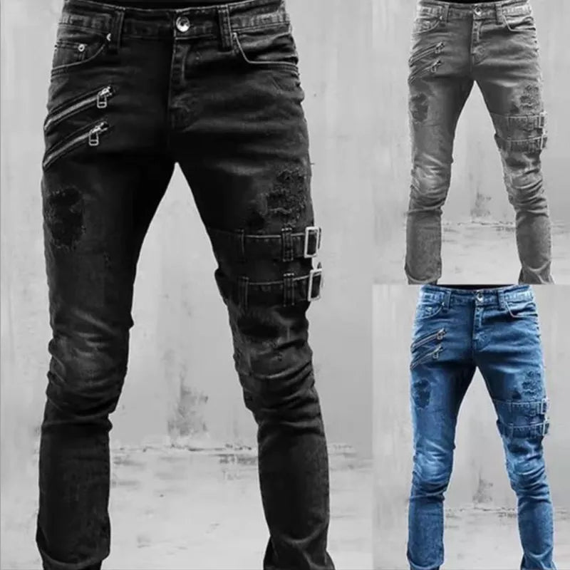 Biker Edge™ | Men's Ripped Skinny Jeans | Punk Style, Buckle Detail, Stretch Fabric for Comfort